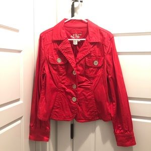 💖 GORGEOUS EUC LAL bright red button up jacket! Size Large. Snag it FAST!